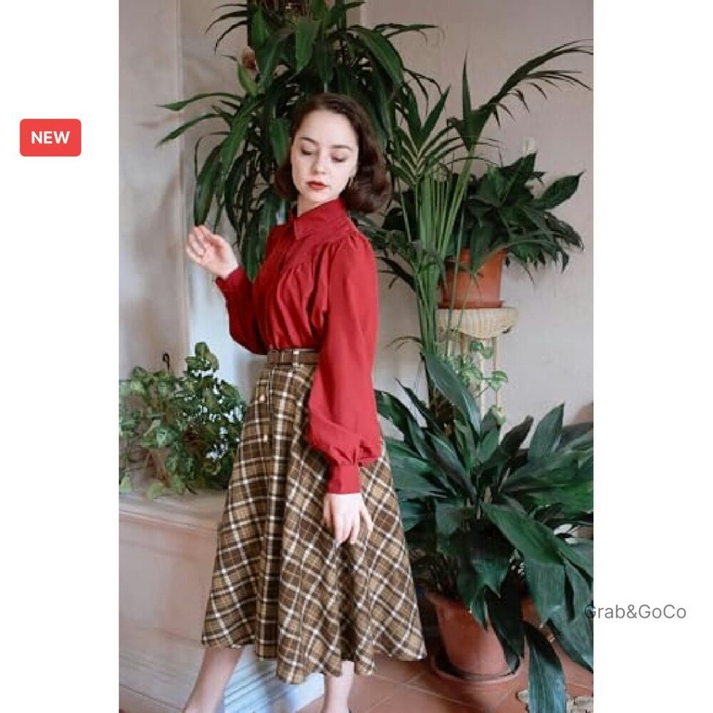 Vintage Plaid A-Line Skirt Retro Midi Flared with Pockets & Belt - Picture 5 of 8